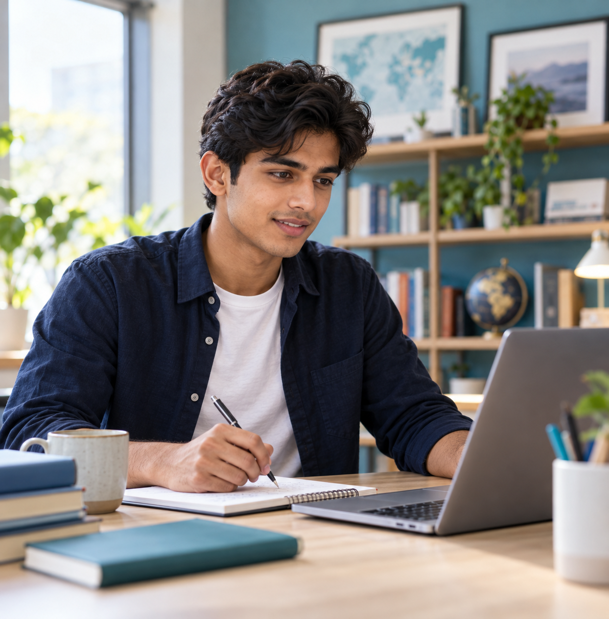 Male student studying with a laptop and notebook